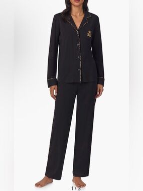 Black Two-Piece Pajama Set with Gold Trim